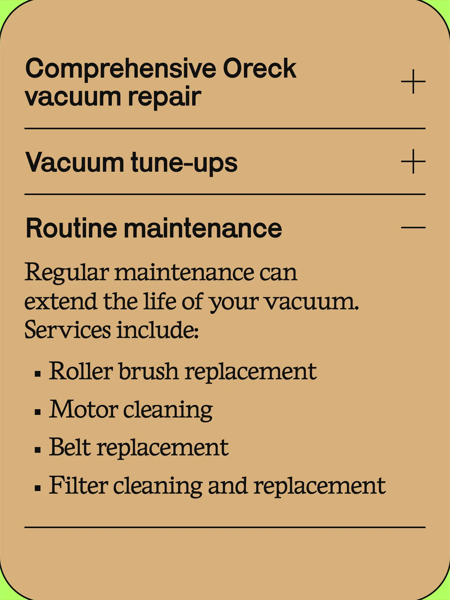 Screenshot of the Our Vacuum Services section of the Oreck Vacuum Service and Repair website